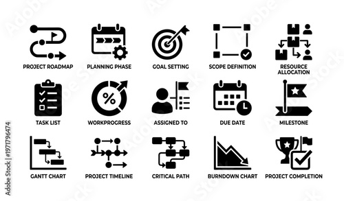 Project management icons: roadmap, planning, goals, tasks, timeline
