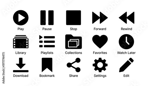 Media control and organization icons: play, pause, stop, forward, rewind