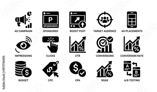 Digital marketing icons: ad campaign, target audience, conversions, cpc, roas