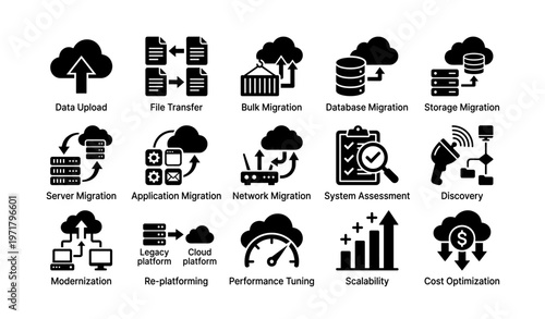 Cloud migration and system optimization icons for data transfer and network efficiency