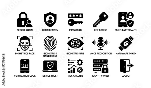 Icons of biometric security and authentication methods in technology interface