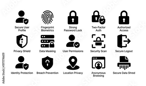 Cybersecurity icons: secure data access, user privacy, biometric protection