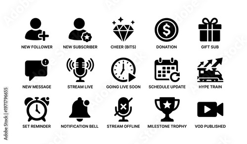 Social media and streaming icon set for engagement and notifications