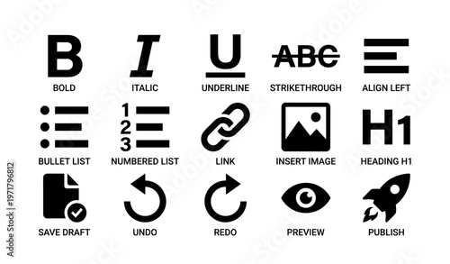 Text formatting icons: bold, italic, underline, strikethrough, align, lists, link, image, heading, save, undo, redo, preview, publish