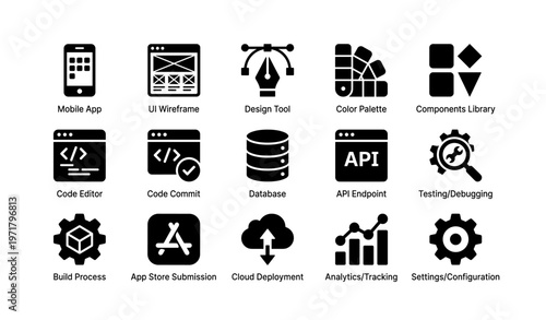 Mobile development icons: ui design, code, database, api, testing tools