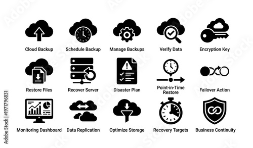 Cloud backup and data recovery icons including schedule and security elements