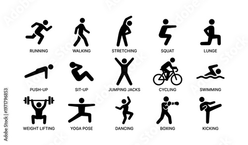Set of black silhouette icons depicting various exercises and fitness activities