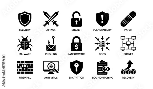 Cybersecurity icons including shield, lock, malware, firewall, encryption, ransomware, botnet