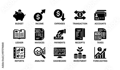 Financial icon set: budget, expenses, analysis, taxes, investment, reports, payments
