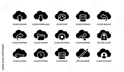 Cloud computing icons: upload, download, sync, storage, backup, restore, secure access