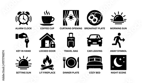 Collection of black icons representing daily activities and objects
