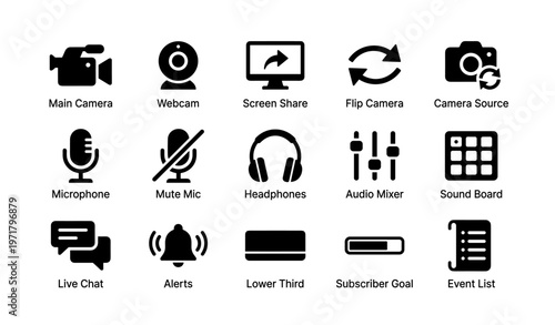 Live streaming icons: camera, microphone, alerts, headphones, chat