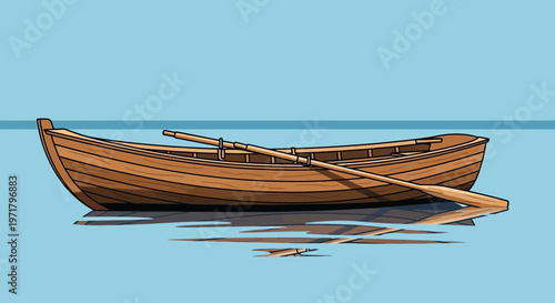Wooden Rowboat with Oars Floating on Calm Blue Water, Simple Illustration