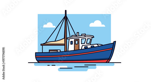 Blue fishing boat sailing on calm water, illustration, vector art