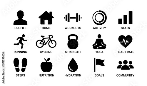 Fitness and wellness icons: profile home workouts activity stats
