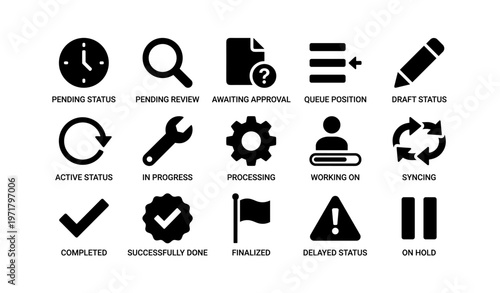 Set of 16 user interface icons for workflow and task management