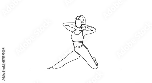 Woman doing a low lunge stretch with hands behind head, one leg extended, fitness exercise