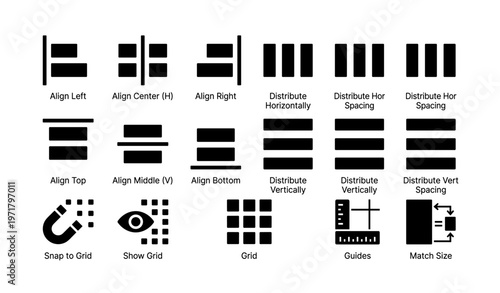 Graphic design alignment and distribution icon set for efficient workflow