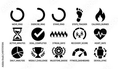 Fitness tracker icons: exercise, heart rate, steps, calories, goals