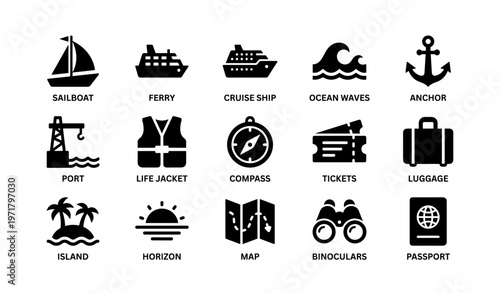 Nautical icons collection: sailboat, ferry, waves, anchor, and more