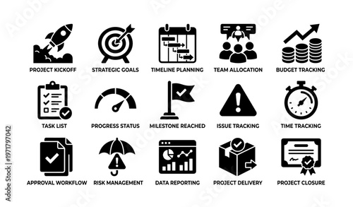 Project management icons: kickoff, goals, planning, tracking, risk