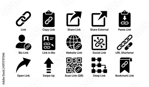Set of link icons with arrows qr code and clipboard symbols