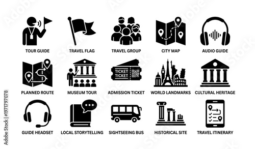 Tourism icons: guide, travel, map, museum, landmarks, heritage