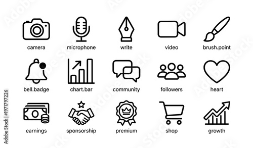 Set of black line icons representing media, communication, and business elements