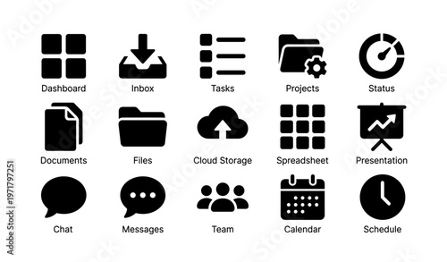 Business software icon set: cloud storage, tasks, calendar, chat, presentation