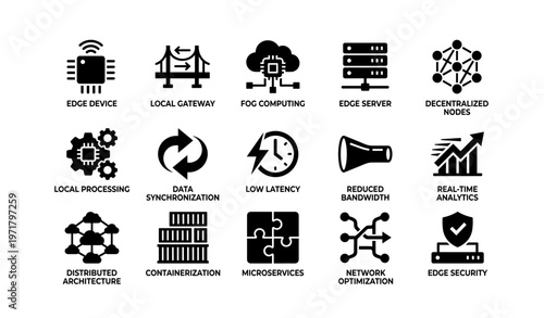 Edge computing icons: devices, processing, decentralized nodes, analytics, synchronization