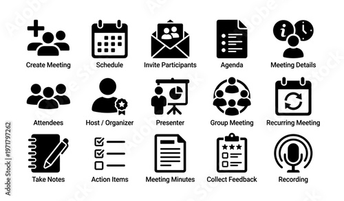 Icons for meeting management and scheduling tasks
