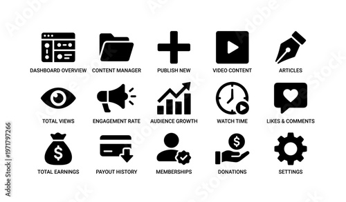 Icon set for digital content management and analytics tools