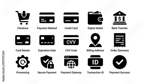 Black icons for payment methods and transaction processes