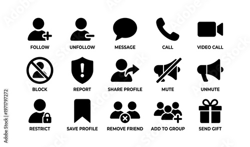 Social media icons: follow, message, call, and more functions