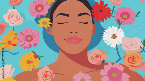 Woman relaxes in water surrounded by colorful flowers during sunny afternoon in a garden setting