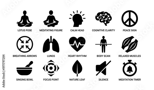 Mindfulness icons: meditation, calm, focus, and relaxation symbols
