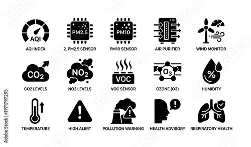 Air quality monitoring icons: sensors, alerts, and health advisories