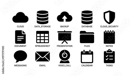 Icons for cloud computing, data storage, backup, security, communication, and office tasks