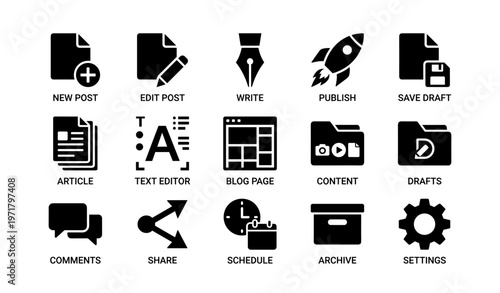 Blog management icons set: write, edit, publish, save, share, more