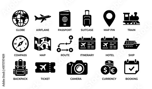 Travel icons collection featuring transportation and navigation elements