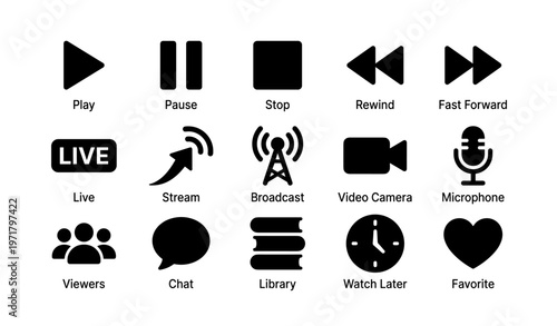Media control icons set: play, pause, stop, rewind, live, stream, broadcast, camera, microphone