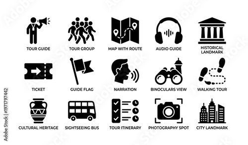 Tour guide icons: map, audio, flag, landmarks, walking tour, cultural heritage