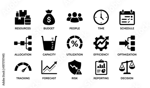Business management icons: resources, budget, time, schedule, efficiency, optimization