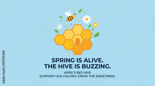 Springtime Beehive with Buzzing Bee and Flowers