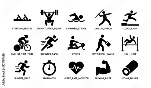 Dynamic sports icons: athletics, weightlifting, swimming, cycling, and more activities