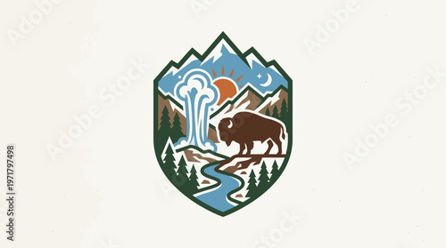 Wyoming National Park Badge Geyser Bison and Mountains