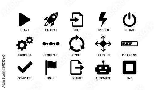 Set of 16 black process and automation icons on white background