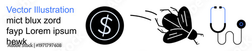 Finance, money, pest control, healthcare, diagnostics, medical tools. Dollar symbol, flying insect and stethoscope. Currency and healthcare concepts with financial and pest control icons