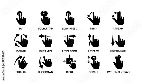 Touch gesture icons: tap, swipe, pinch, rotate, drag for device interaction