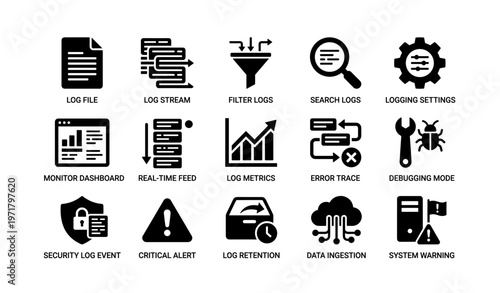 Comprehensive log analysis icons for system management and debugging